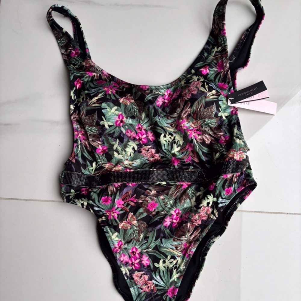 NWT Victoria's Secret One Piece Black Floral Rhinestone Swimsuit S